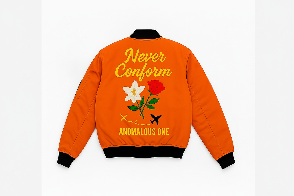 Orange jacket with 'Never Conform' text and floral design on a white background