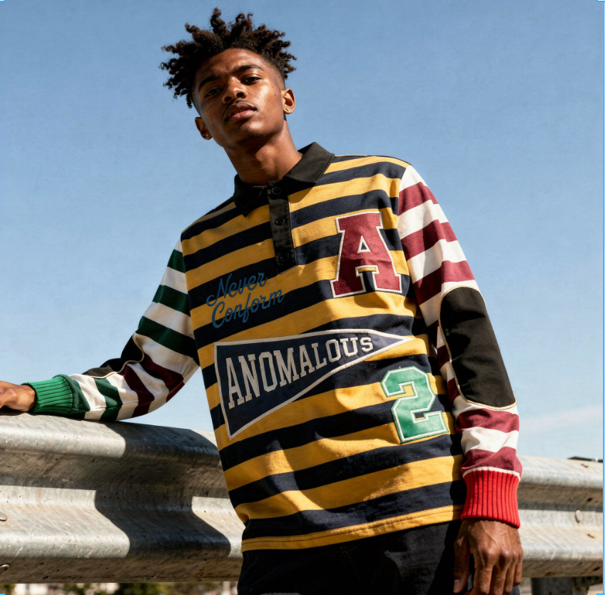Person wearing a striped sweater with visible branding against a clear blue sky.