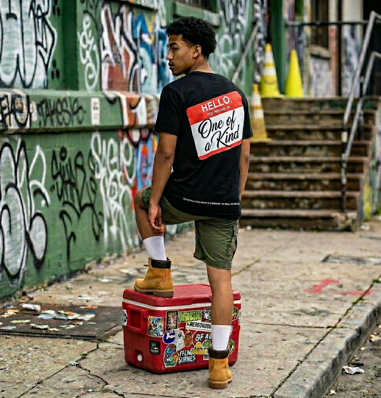Person standing on a red cooler with stickers in an urban setting with graffiti.