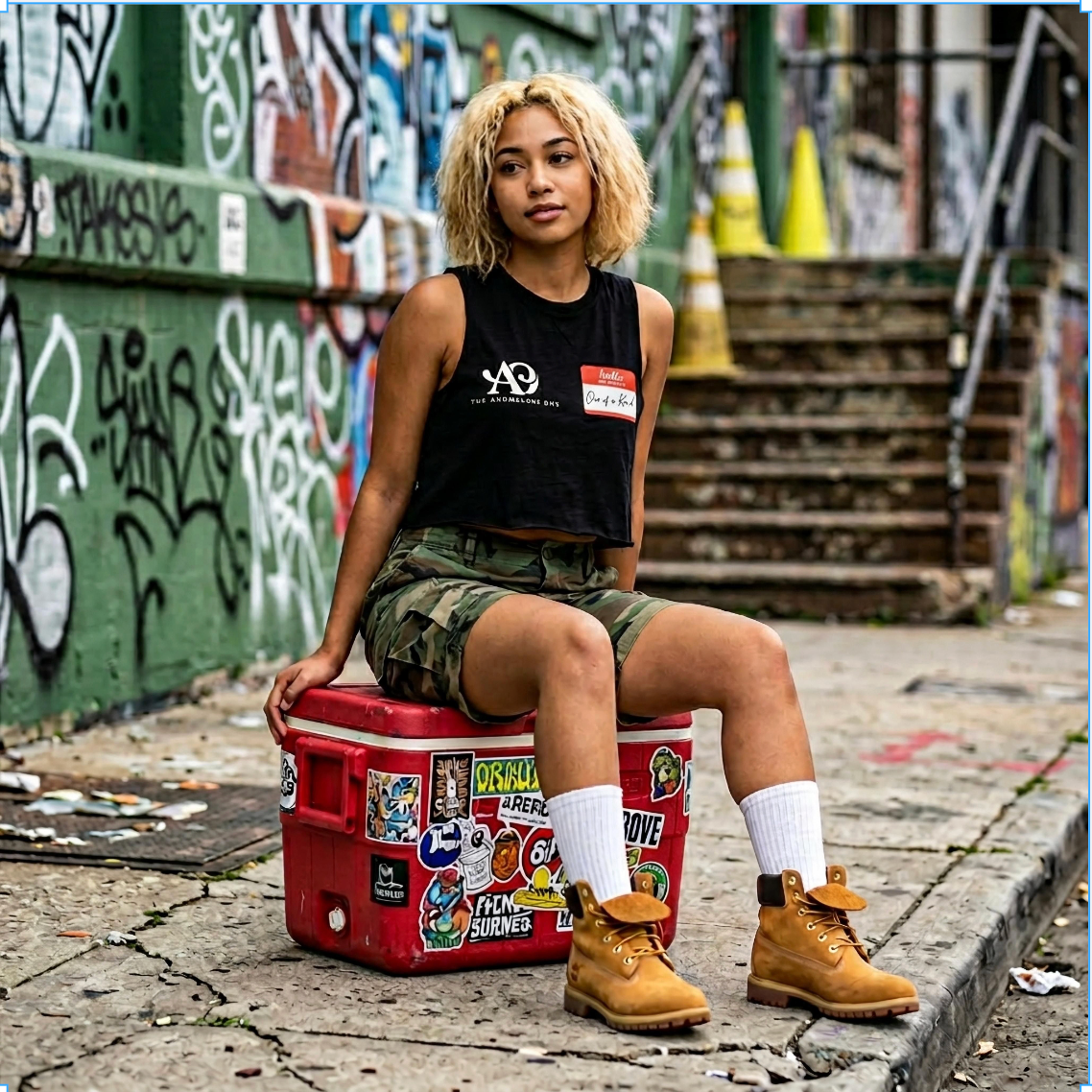 Person sitting on a red cooler with stickers in an urban setting