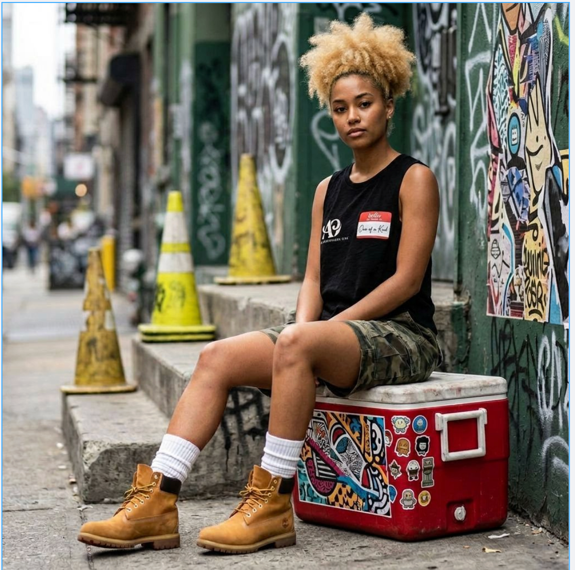 Person sitting on a colorful cooler with street art and traffic cones in the background