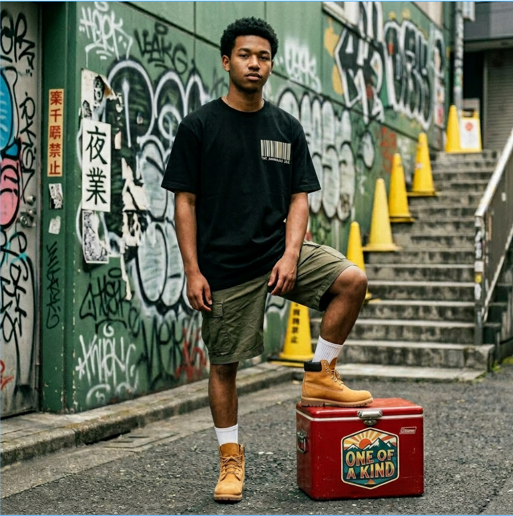 Person standing on a red cooler with graffiti-covered wall in the background