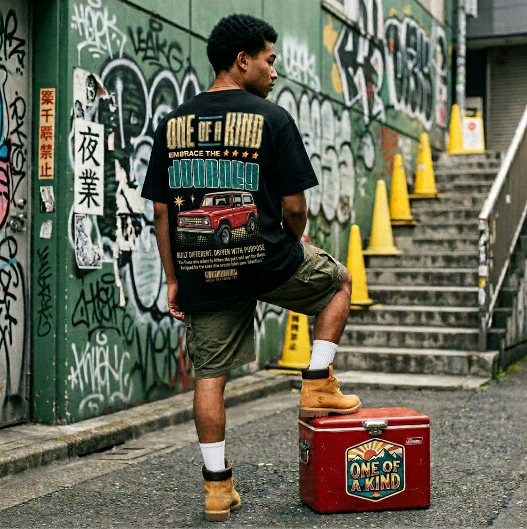 Person wearing a black t-shirt with graphic design, standing on a red suitcase against a graffiti-covered wall.